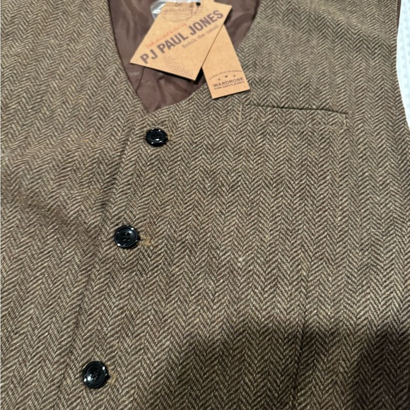 PJ PAUL JONES Men's Herringbone Tweed Suit Vest Casual Wool Blend Waistcoat - Picture 6 of 9